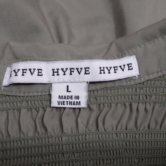 HYFVE | Smocked Balloon Sleeve Button Dress Olive Green Ruffle | Size L - Picture 7 of 9